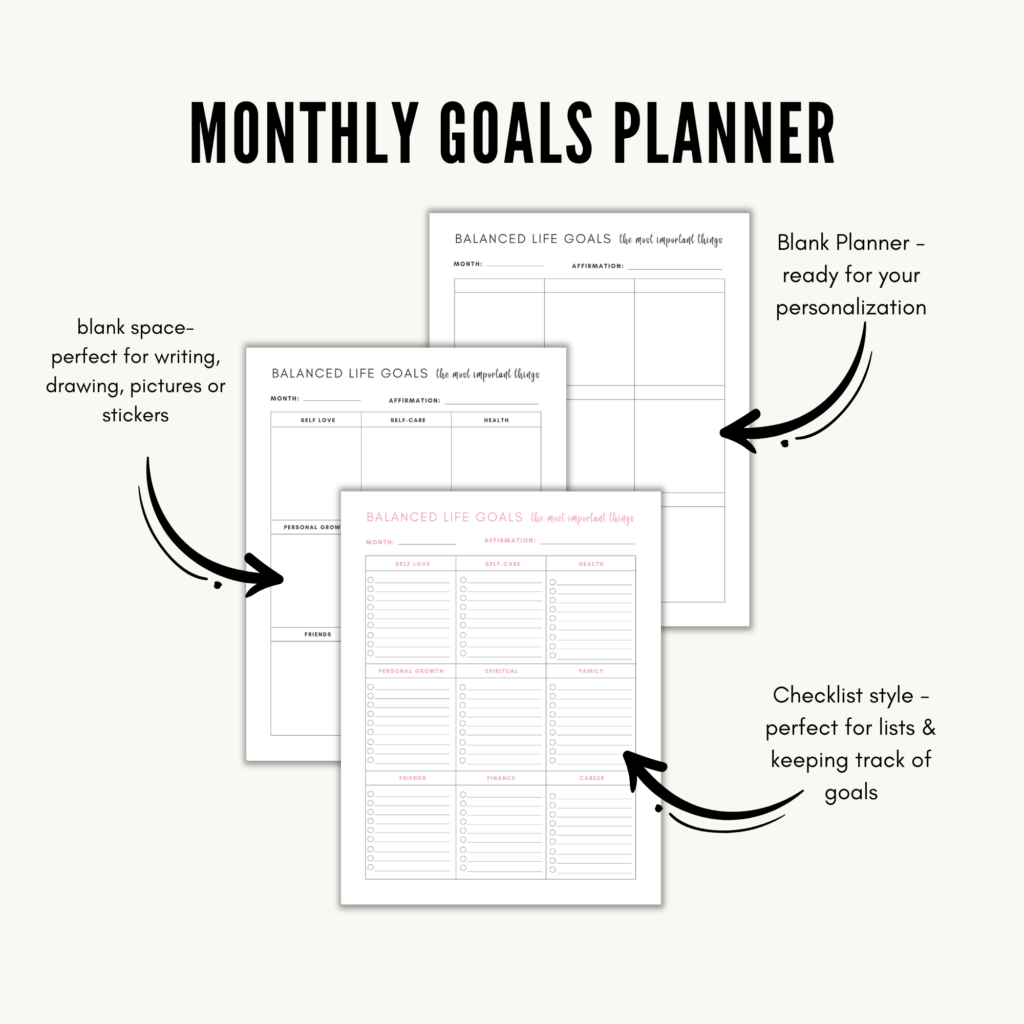 monthly goals planner, monthly goals printable, vision board printable, balance life goals planner printable, pdf, digital download