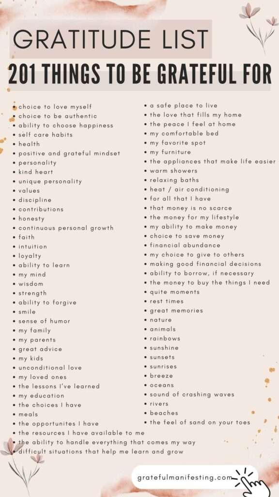 gratitude list - 201 things to be grateful for - gratefulmanifesting.com