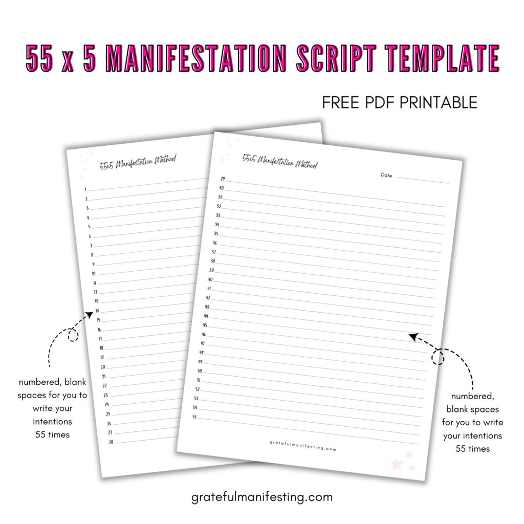 Free Manifestation, law of attraction worksheet, workbook pdf printables - 555 manifestation method template