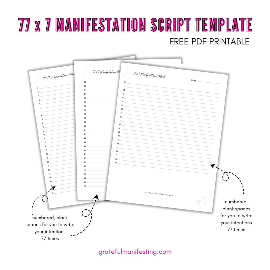 Free Manifestation, law of attraction worksheet, workbook pdf printables - 777 manifestation method template