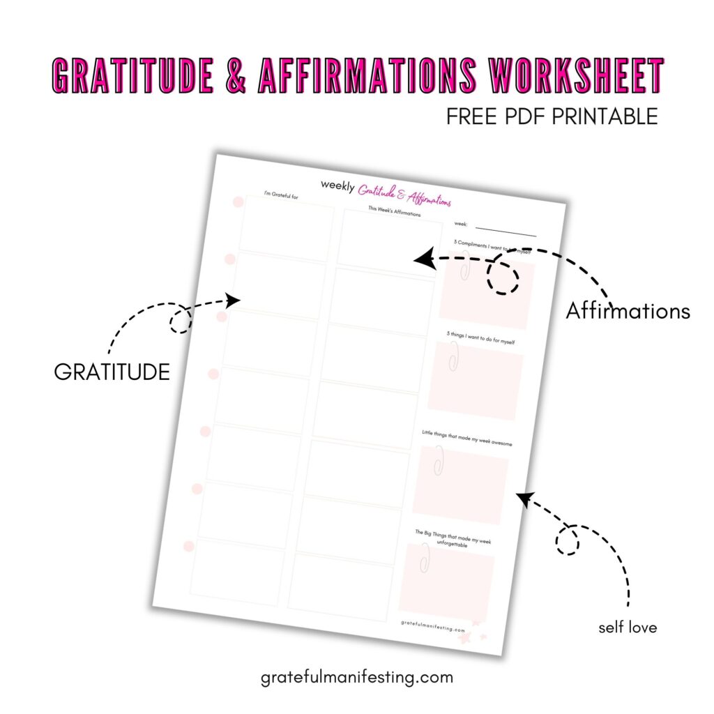 Free Manifestation, law of attraction worksheet, workbook pdf printables - weekly gratitude & affirmations worksheet