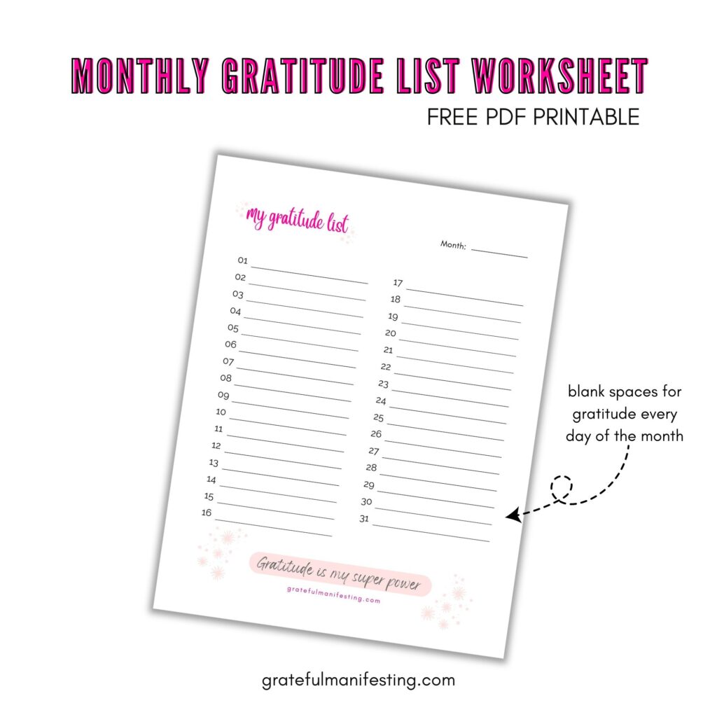 Free Manifestation, law of attraction worksheet, workbook pdf printables - monthly gratitude blank list 
