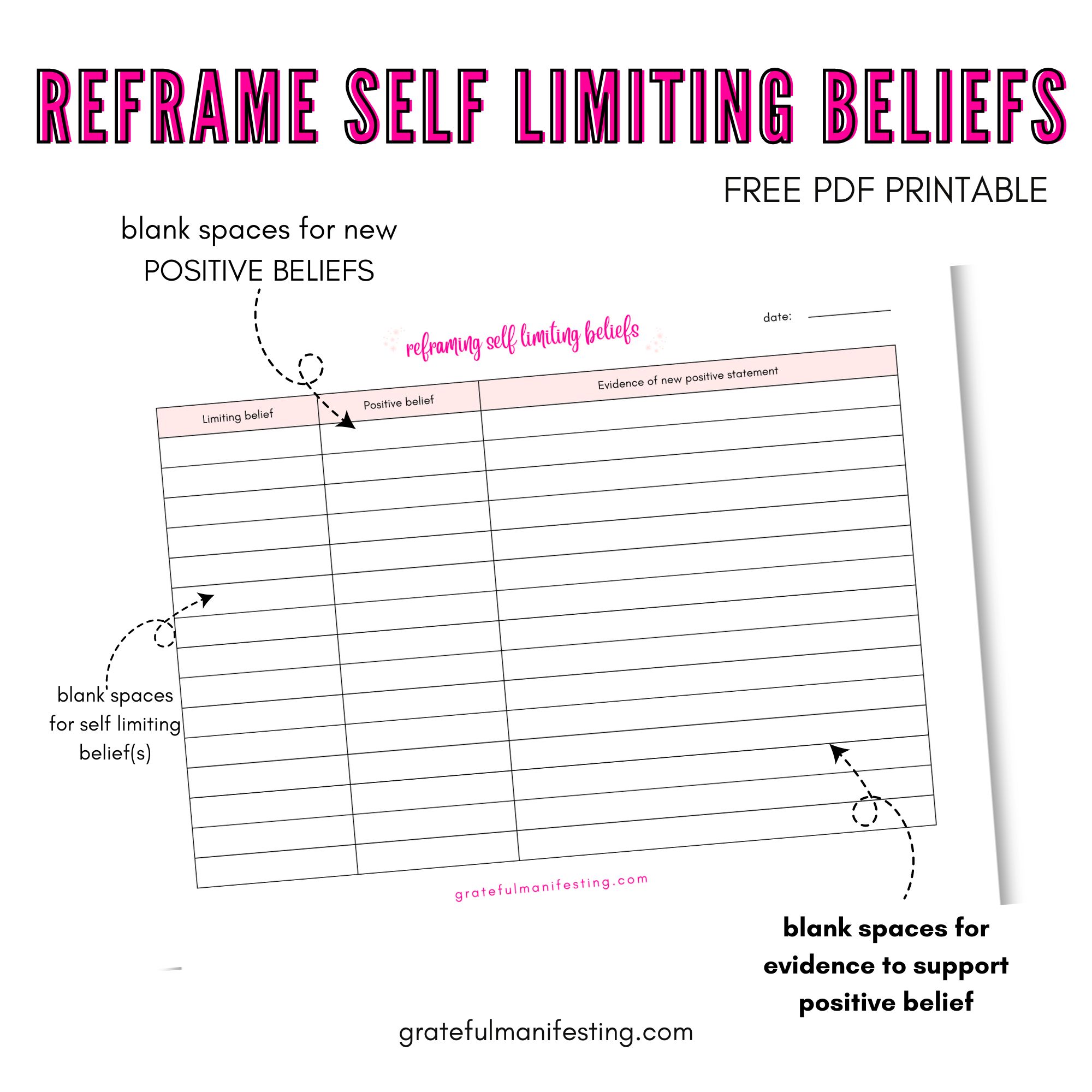 Free Manifestation, law of attraction worksheet, workbook pdf printables - reframe self limiting beliefs