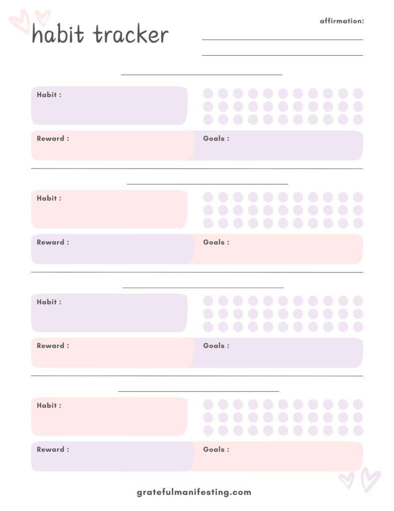 FREE Habit Tracker printable, worksheet, pdf - 3 versions - gratefulmanifesting.com